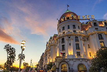 Illuminated Le Negresco Hotel building at sundown, Nice, Alpes Maritimes, Cote d'Azur, French Riviera, Provence, France, Mediterranean, Europe