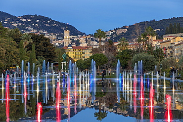 Illuminated Mirror Water Fountain at Promenade du Paillon, Nice, Alpes Maritimes, Cote d'Azur, French Riviera, Provence, France, Europe