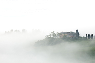 Villa in the mist at sunrise, San Quirico d'Orcia, Val d'Orcia, UNESCO World Heritage Site, Tuscany, Italy, Europe