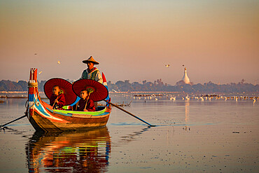 Burmese Monks on boat, Mandalay, Myanmar (Burma), Asia