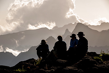 A group of trekkers relaxing after a long day at New Shira Camp on the Machame Route to the summit of Mount Kilimanjaro, Tanzania, East Africa, Africa