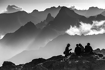 A group of trekkers relaxing after a long day at New Shira Camp on the Machame Route up Mount Kilimanjaro, with the Shira Ridge in the background, Tanzania, East Africa, Africa