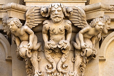 detail of Corinthian columns and entablature, baroque facade, Church of Santa Croce, Lecce, Salento, Puglia, Italy