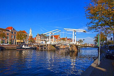 Binnen Spaarne canal, the old bridge, Haarlem, North Holland, Netherlands,