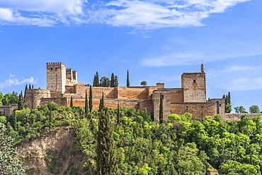 Alhambra, Alcazar fortress, view from El Albaicin, El Albaicin neighborhood, El Albaicin district, Granada, Andalusia, Spain