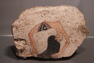 Ostrakon depicting a dancer in acrobatic position, limestone, New Age, 19th-20th dynasty, Deir el-Medina, Museo Egizio, Egyptian Museum, Turin, Piedmont, Italy