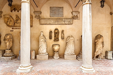 Carrara Academy of Fine Arts, external courtyard with Roman statuary found in the Roman city of Luni, Carrara, Tuscany, Italy, Europe