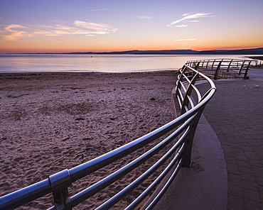 After sunset with the curved railings at the RNLI station, Exmouth, Devon, England, United Kingdom, Europe