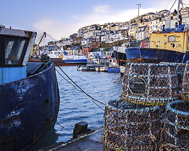 The colourful houses on the hillside above the harbour of Brixham, Devon, England, United Kingdom, Europe