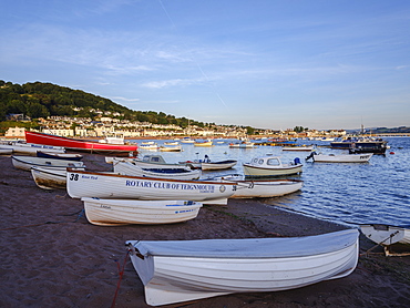 Boats at sunrise looking across Teign estuary to Shaldon at The Point, Teignmouth, Devon, England, United Kingdom, Europe