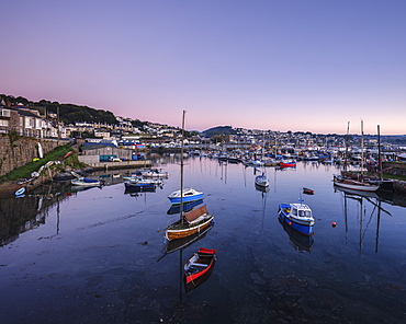 Twilight looking across the inner harbours at the fishing port of Newlyn, Cornwall, England, United Kingdom, Europe