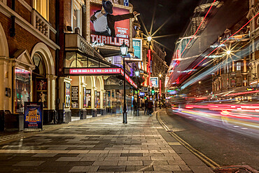 Shaftesbury Avenue light trails at night, London, England, United Kingdom, Europe