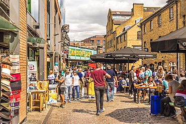 A view of Camden Market, and Camden Lock bridge in Camden, London, England, United Kingdom, Europe