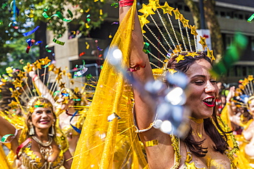 A colourfully dressed participant in the Notting Hill Carnival, London, England, United Kingdom, Europe