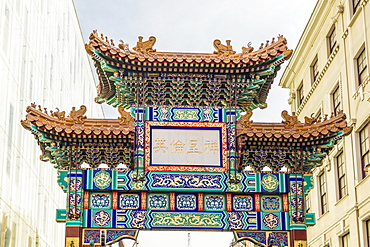 A view of the detail on the gate leading to Chinatown in Soho, London, England, United Kingdom, Europe