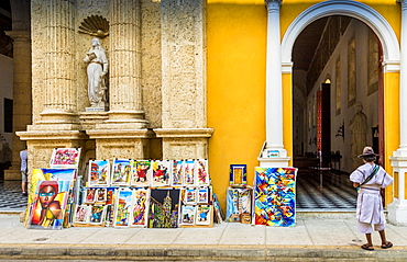 Art for sale outside the Cathedral of Cartagena, Cartagena de Indias, Colombia, South America