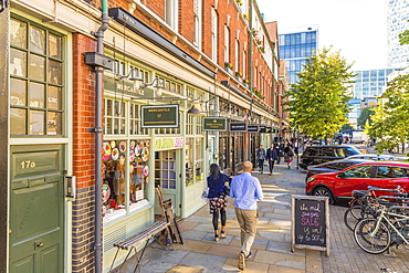 A beautiful street and stores around the Old Spitalfields Market, London, England, United Kingdom, Europe