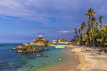 A view of the famous hammock hut overlooking the beach of Cabo San Juan and the Caribbean Sea in Tayrona National Park, Colombia, South America