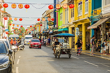 Beautiful Sino-Portuguese architecture on Thalang Road in Phuket old town, Phuket, Thailand, Southeast Asia, Asia