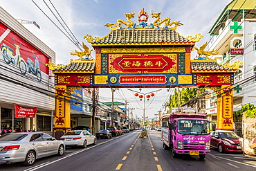 A colourful ornate entrance to Phuket Road in Phuket old town, Phuket, Thailand, Southeast Asia, Asia