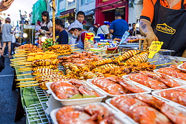 A barbecue seafood stall at the famous Walking Street night market in Phuket old Town, Phuket, Thailand, Southeast Asia, Asia