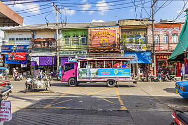 A local bus in Phuket old town, Phuket, Thailand, Southeast Asia, Asia