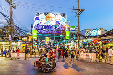 The neon sign at Patong beach at night in Patong, Phuket, Thailand, Southeast Asia, Asia