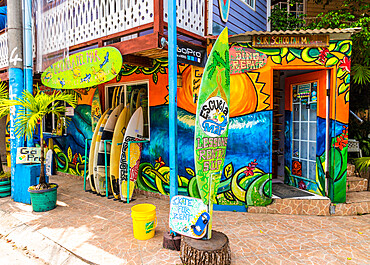 A colourful local surf school and rental shop in Bocas Town, Colon Island, Bocas del Toro Islands, Panama, Central America