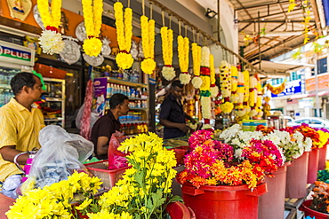 A colourful garland and flower stall in Little India, George Town, Penang Island, Malaysia, Southeast Asia, Asia