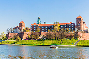 View of Wawel Royal Castle, UNESCO World Heritage Site, and the Vistula River, Krakow, Poland, Europe