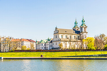 View of the Church of St. Michael the Archangel, Skalka Church and the Vistula River, Krakow, Poland, Europe