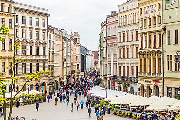 An elevated view over the Main Square in the medieval old town, UNESCO World Heritage Site, Krakow, Poland, Europe