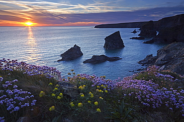 Sunset over Bedruthan Steps, Carnewas, Cornwall, England, United Kingdom, Europe