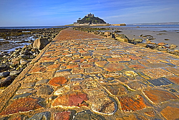 The cobbled causeway leading to St. Michael's Mount at Marazion, Cornwall, England, United Kingdom, Europe