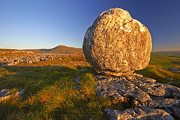 Ingleborough seen from a limestone boulder on Twistleton Scar, Yorkshire Dales National Park, North Yorkshire, England, United Kingdom, Europe