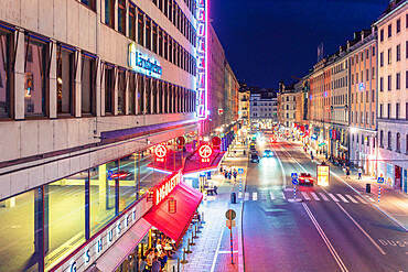 Kungsgatan (Kings Street) in Norrmalm at night with first ever cinema theater in Sweden Biograf Rigoletto on the left side, Stockholm, Sweden, Scandinavia, Europe