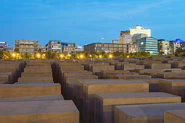 Jewish Memorial with the Postdamer Platz building seen in the background, Berlin, Germany, Europe