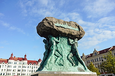 Memorial statue at Mollevangstorget, a town square in Mollevangen, Malmo, Skane county, Sweden, Europe