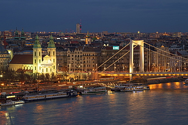 Elisabeth Bridge over the River Danube and city view at night, UNESCO World Heritage Site, Budapest, Hungary, Europe