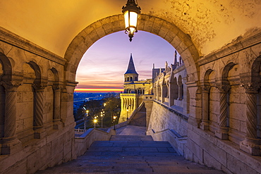 Fisherman's Bastion with dramatic sunrise, Buda Castle Hill, Budapest, Hungary, Europe