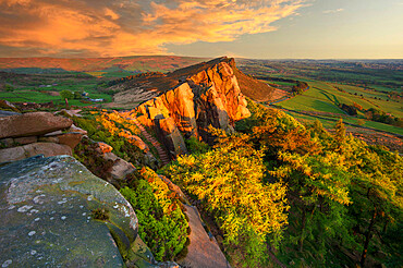 A sunset view of Hen Cloud, The Roaches, Peak District, Staffordshire, England, United Kingdom, Europe