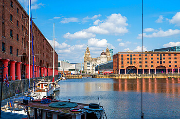 Albert Dock, with view of the Three Graces, Liverpool, Merseyside, England, United Kingdom, Europe