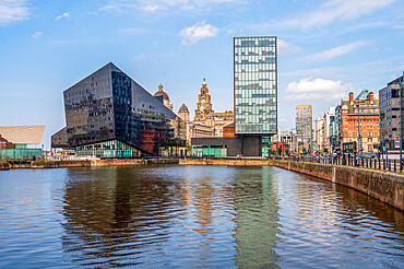 Canning Dock next to Albert Dock with the Liver Building in the background, Liverpool, Merseyside, England, United Kingdom, Europe