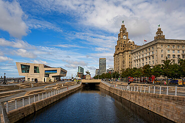 The Liver Building and Mersey Ferries terminal building on the Liverpool Waterfront, Liverpool, Merseyside, England, United Kingdom, Europe