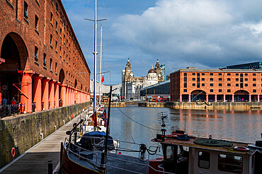 The Royal Albert Dock with The Liver Buildings, Liverpool, Merseyside, England, United Kingdom, Europe