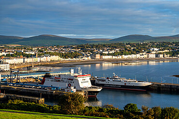 Passenger boat and Seacat and view of Douglas Bay, Douglas, Isle of Man, Europe