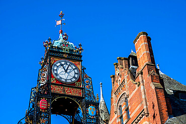 East Gate Clock and typical architecture, Chester, Cheshire, England, United Kingdom, Europe