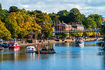 View of River Dee and Queens Park suspension bridge, Chester, Cheshire, England, United Kingdom, Europe