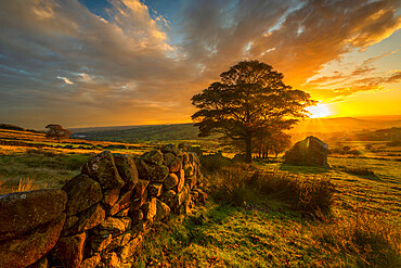 Amazing sunset at Roach End with derelict barn, The Roaches, Peak District, Staffordshire