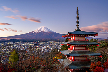 Beautiful Fuji mountain and Red pagoda Chureito at sunrise in Fujiyoshida city in Yamanashi, Japan